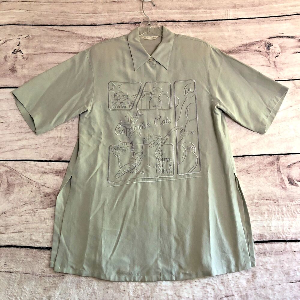 Vtg Partners Shirt Womens S Gray Capricious Cat Lady Grannycore Embroidered Paws